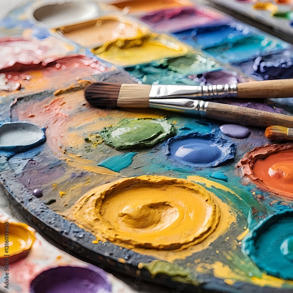 Obraz premium Colorful Artist's Palette with Paint and Brushes
