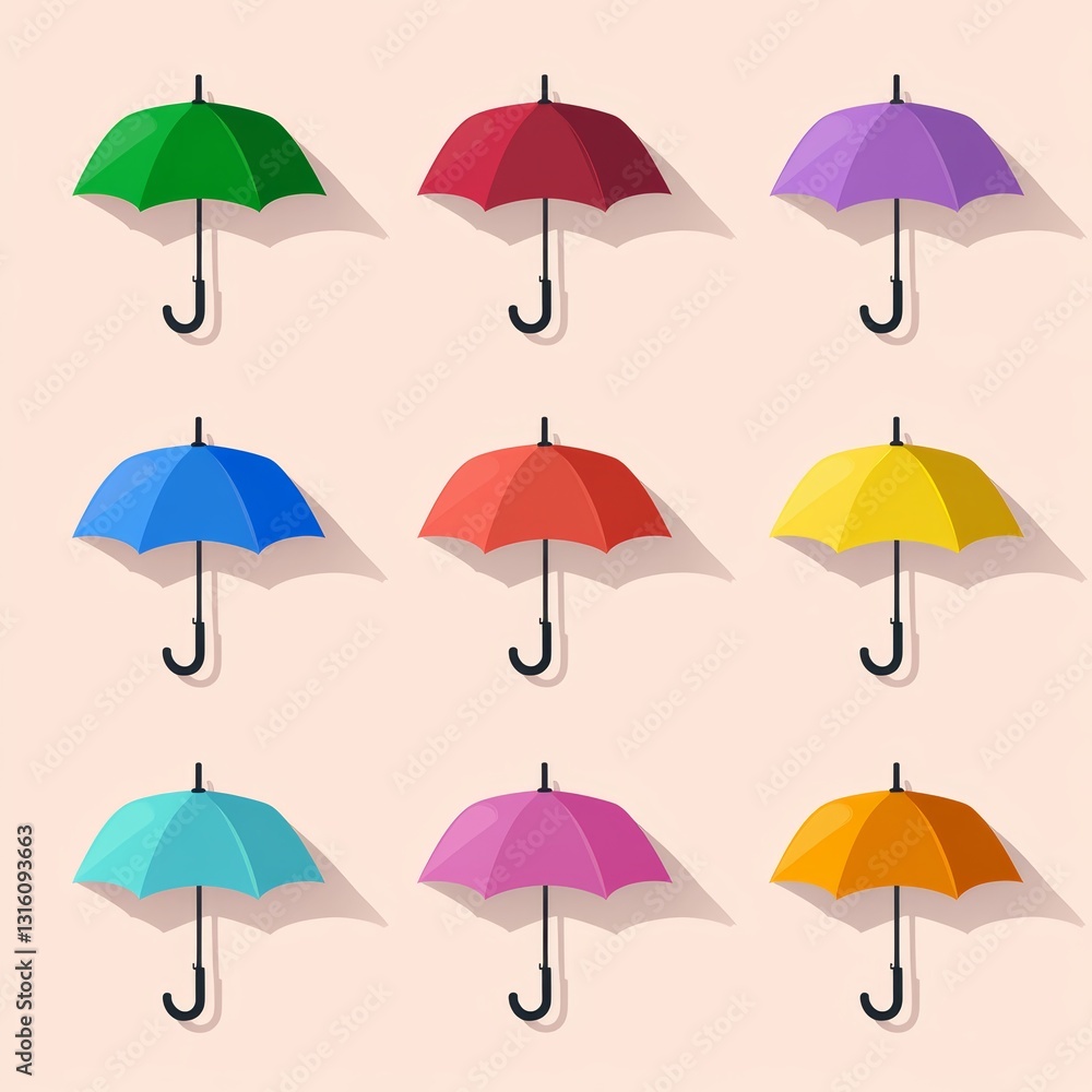 Row of colorful umbrellas are hanging from a wall. The umbrellas are of different colors and sizes Row of colorful umbrellas are hanging from a wall. The umbrellas are of different colors and sizes