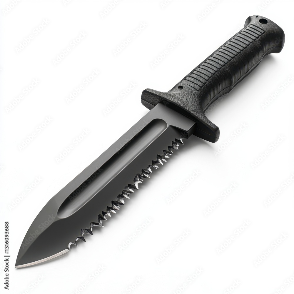 Black serrated survival knife with textured handle, isolated on white background. The blade features a full tang and a partially serrated edge. Black serrated survival knife with textured handle, isolated on white background. The blade features a full tang and a partially serrated edge.