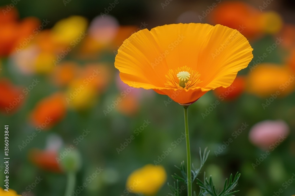 Obraz premium Radiant orange poppy in vibrant bloom against a soft blurred meadow evoking natural beauty and tranquility in a serene outdoor setting