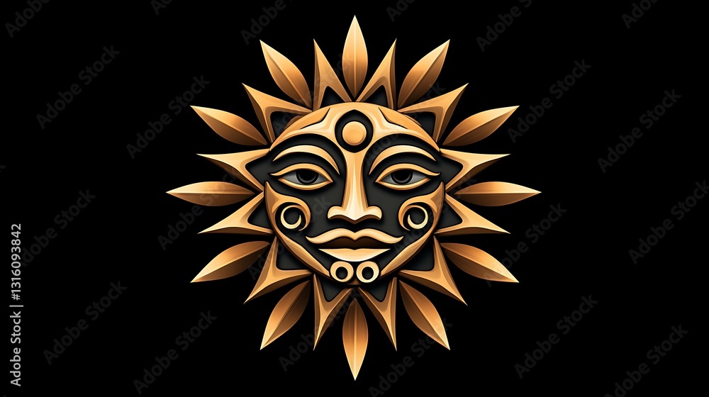 Obraz premium Golden Sun Deity: A 3D Rendered Tribal Sun Mask AI Generated