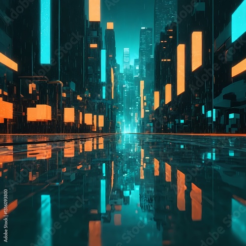 Cyberpunk Cityscape at Night with Reflections