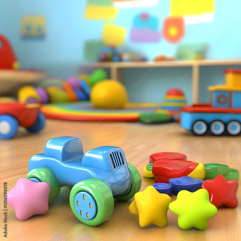 Colorful toy car and shapes scattered on the floor in a bright children's playroom filled with toys Colorful toy car and shapes scattered on the floor in a bright children's playroom filled with toys
