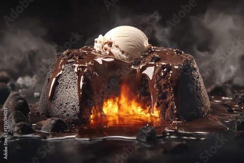 Warm lava cake sliced open, revealing molten chocolate, ice cream melting on top.