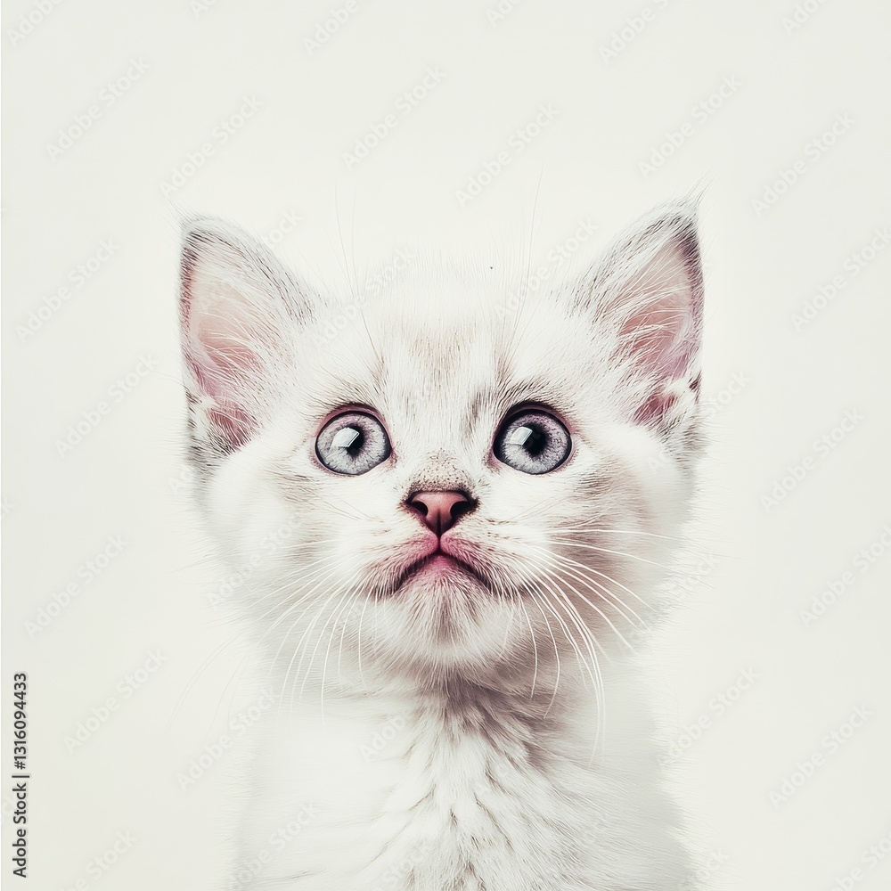 A white kitten with blue eyes stares at the camera. The image has a playful and curious mood, as the kitten seems to be looking at the viewer with a sense of wonder A white kitten with blue eyes stares at the camera. The image has a playful and curious mood, as the kitten seems to be looking at the viewer with a sense of wonder