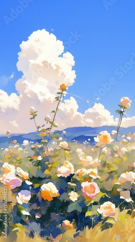 バラに囲まれた美しい庭園と広がる青空の風景