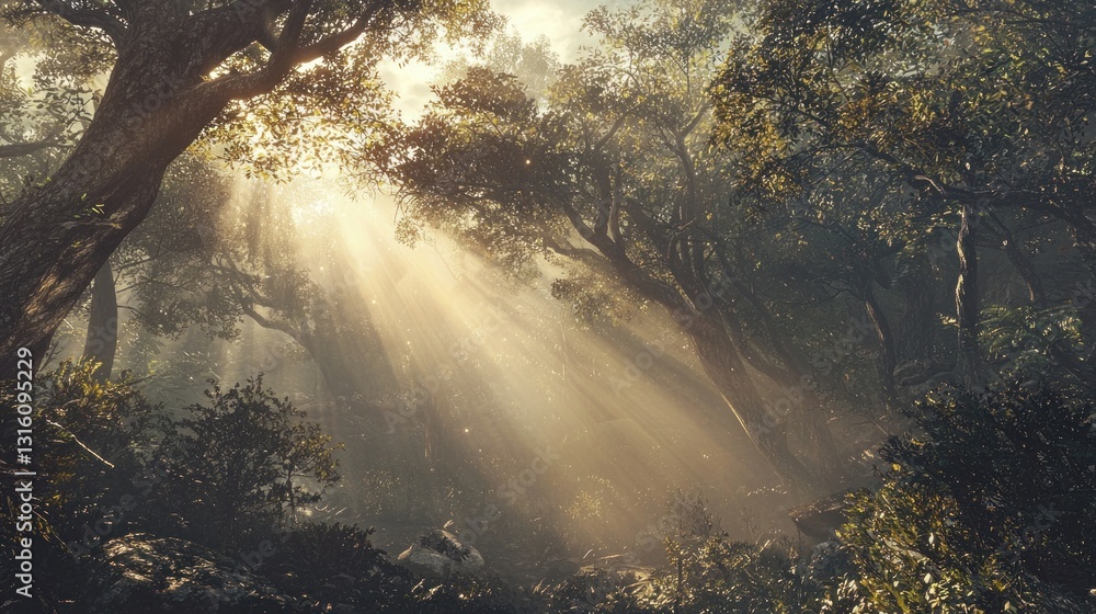 Sunbeams penetrate a misty forest, illuminating the path. Sunbeams penetrate a misty forest, illuminating the path.