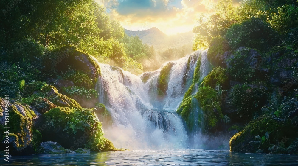 Majestic waterfall cascading through lush green forest at sunset. Majestic waterfall cascading through lush green forest at sunset.