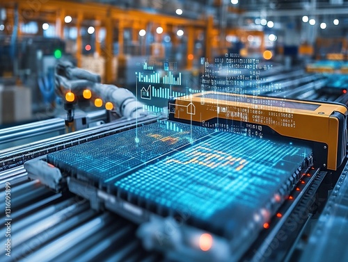 High-Speed Robotic Packaging Line with IoT Sensor Data Streams and Energy Consumption Graphs Floating Around Conveyor Belts
