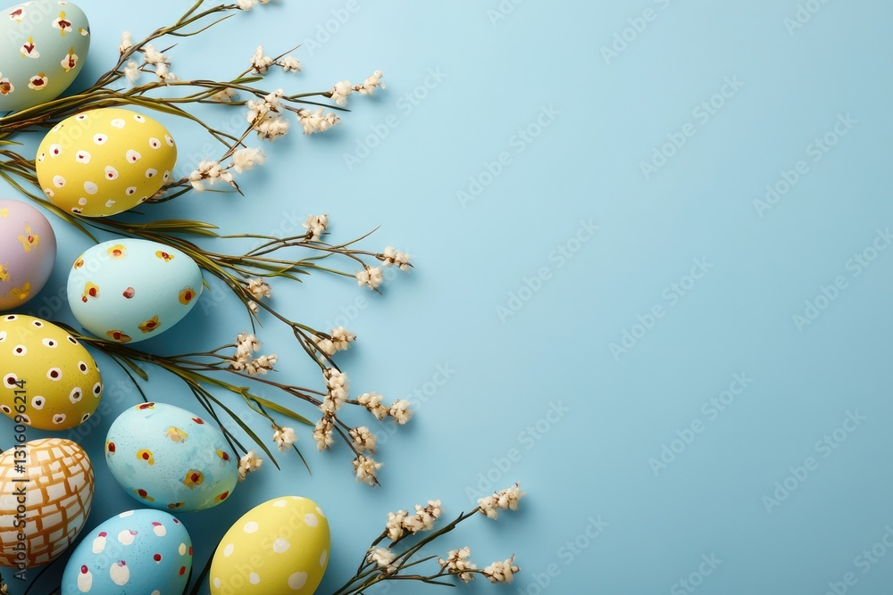 Obraz premium Soft blue scene with decorated eggs and willows brings Easter calm.