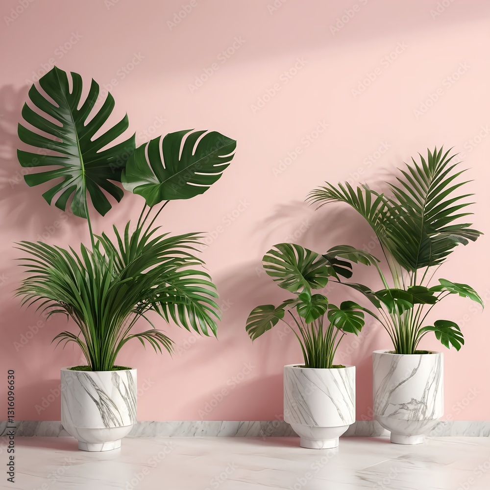 Stylish Tropical Plants in Marble Pots Against Pink Wall Stylish Tropical Plants in Marble Pots Against Pink Wall