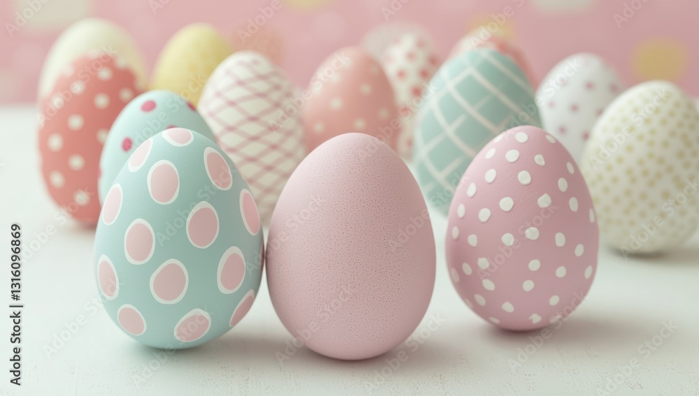 Fototapeta premium Ample text space accompanies cute pastel Easter eggs with playful patterns.