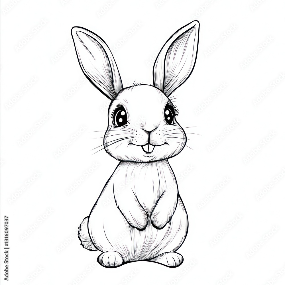Fototapeta premium Black line art bunny illustration, perfect for T-shirts, plain backdrop.