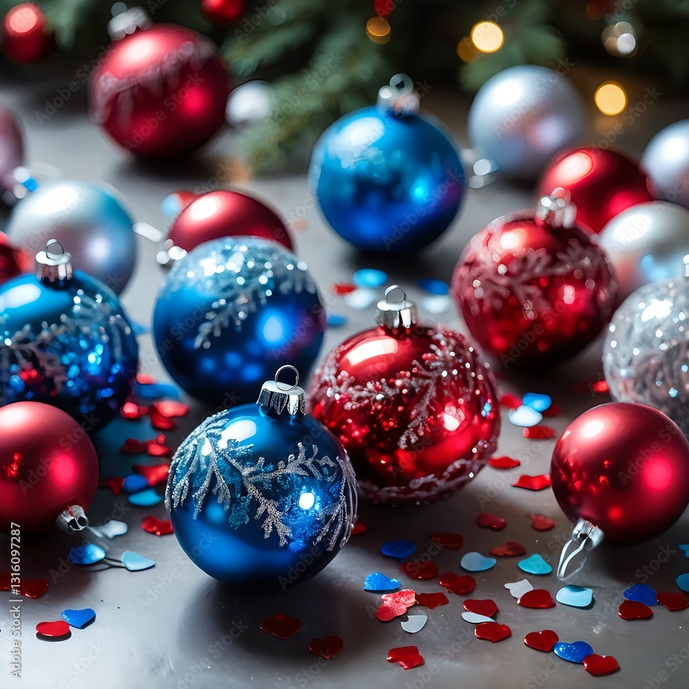 Festive Christmas Ornaments in Red and Blue Festive Christmas Ornaments in Red and Blue