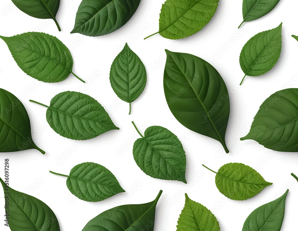 Fototapeta premium Green Leaves Pattern on White Background