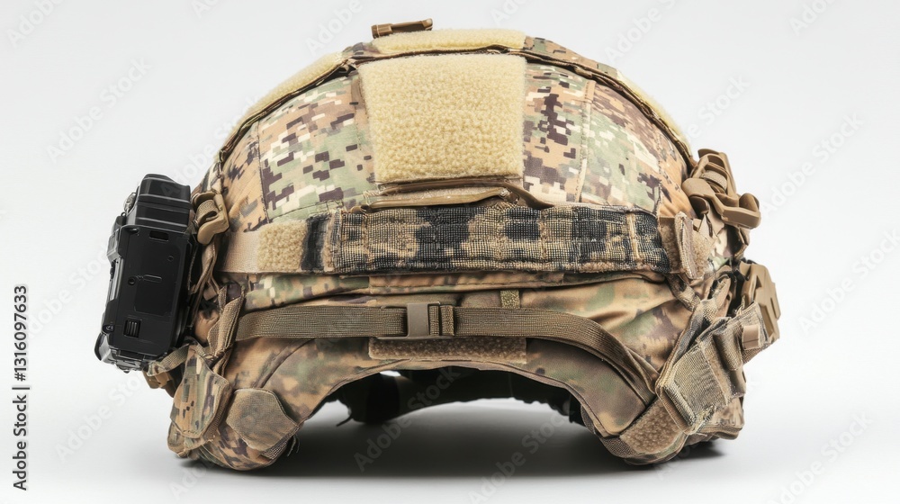 Fototapeta premium Rear view of a tactical helmet with camouflage pattern, various attachments, and neutral background.