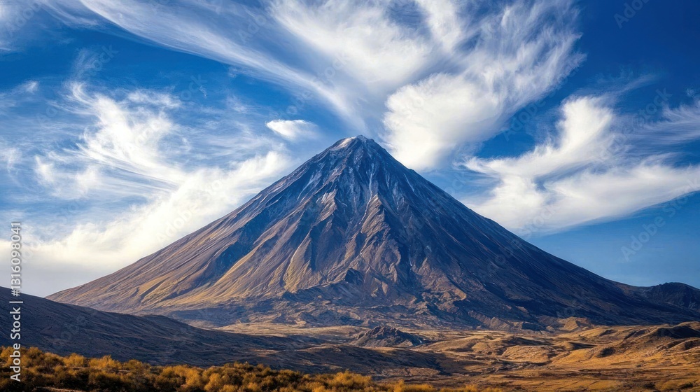 Majestic stratovolcano under a vibrant blue sky with wispy clouds. Majestic stratovolcano under a vibrant blue sky with wispy clouds.