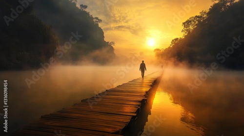 Serene Morning Stroll: Person Walking on Misty Swamp Boardwalk at Sunrise