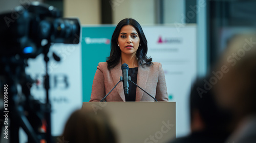 A South Asian Woman CEO Speaks at a Press Conference.