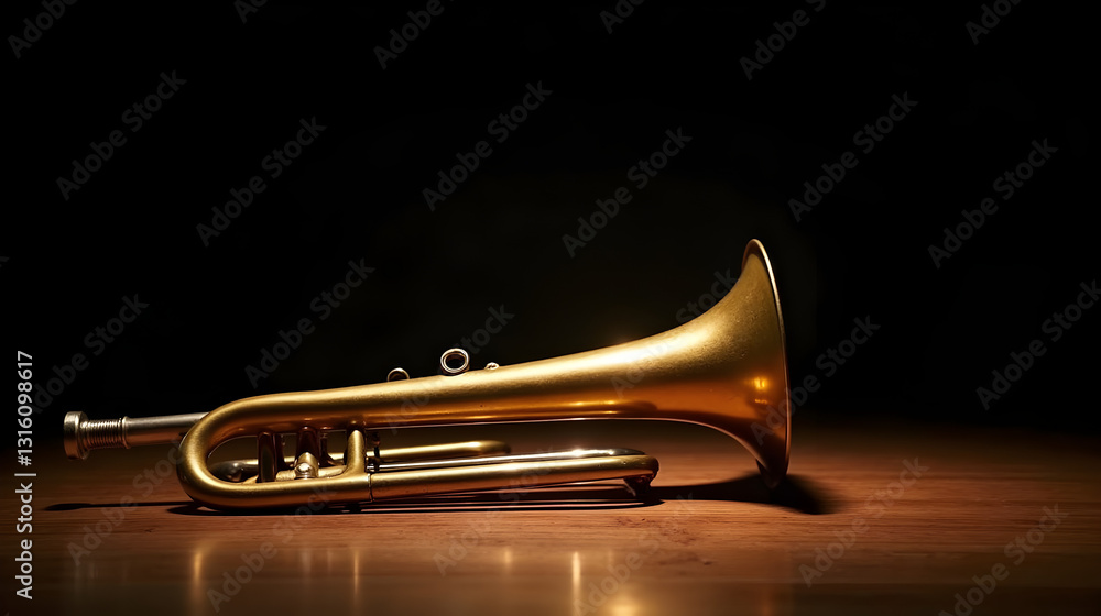 Obraz premium Polished Golden Trumpet on Wooden Stage Under Soft Spotlights with Dark Fading Background - International Jazz Day