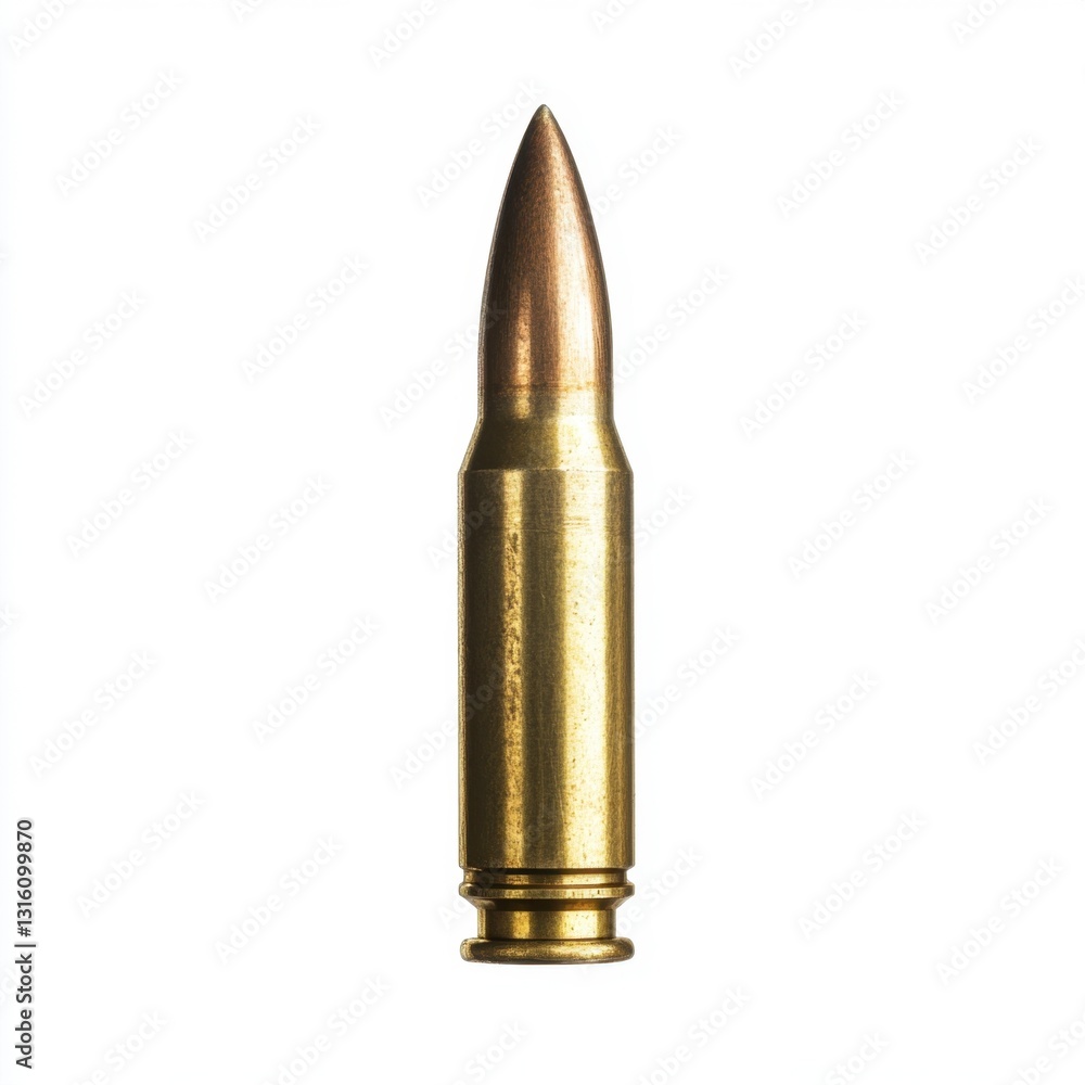 Close up view of a single bullet cartridge against a stark white background. The bullet is brass colored with a pointed tip and visible casing details. Close up view of a single bullet cartridge against a stark white background. The bullet is brass colored with a pointed tip and visible casing details.
