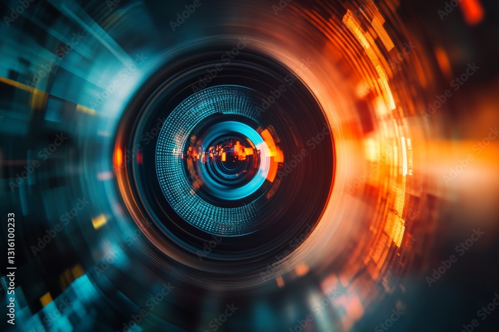 Fototapeta premium This abstract image features a dynamic circular pattern with bright colors that create a sense of motion and technology, perfect for creative projects.