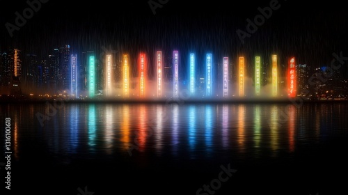 Rain swept Cityscape  Neon Lights Reflecting on Water at Night photo