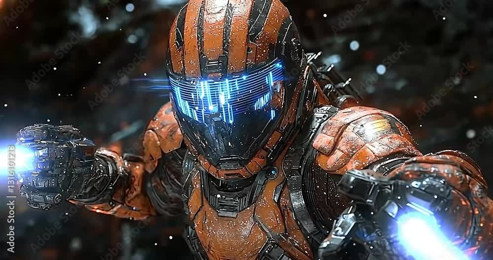 Cyberpunk Robot Soldier in Orange Armor with Glowing Blue Weapons Cyberpunk Robot Soldier in Orange Armor with Glowing Blue Weapons