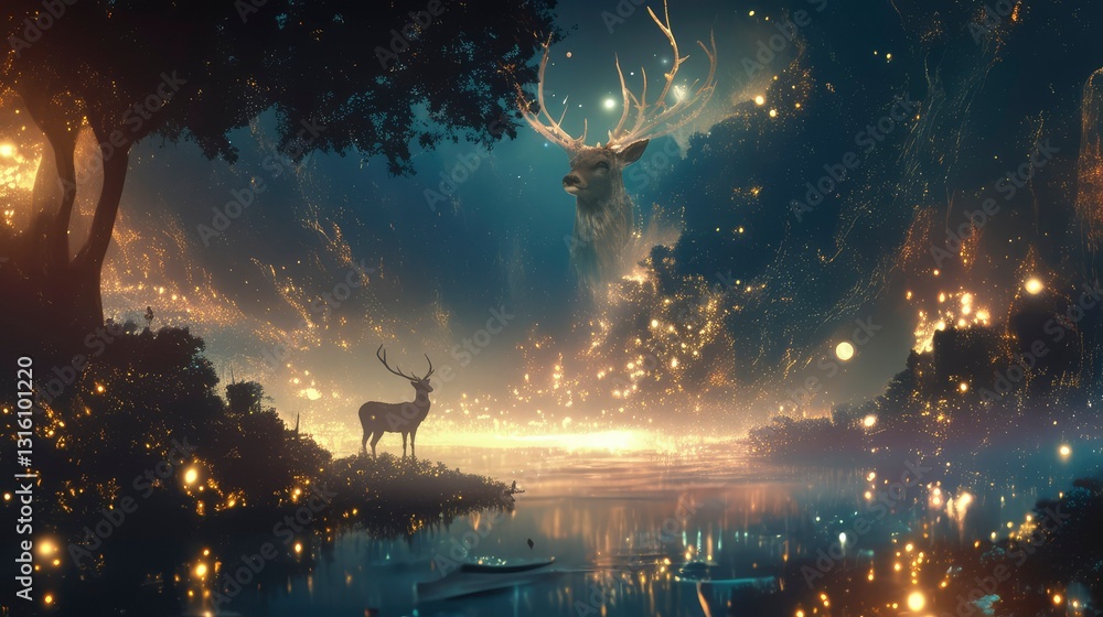 Obraz premium Enchanted Forest Magical Deer in a Glowing Night Landscape