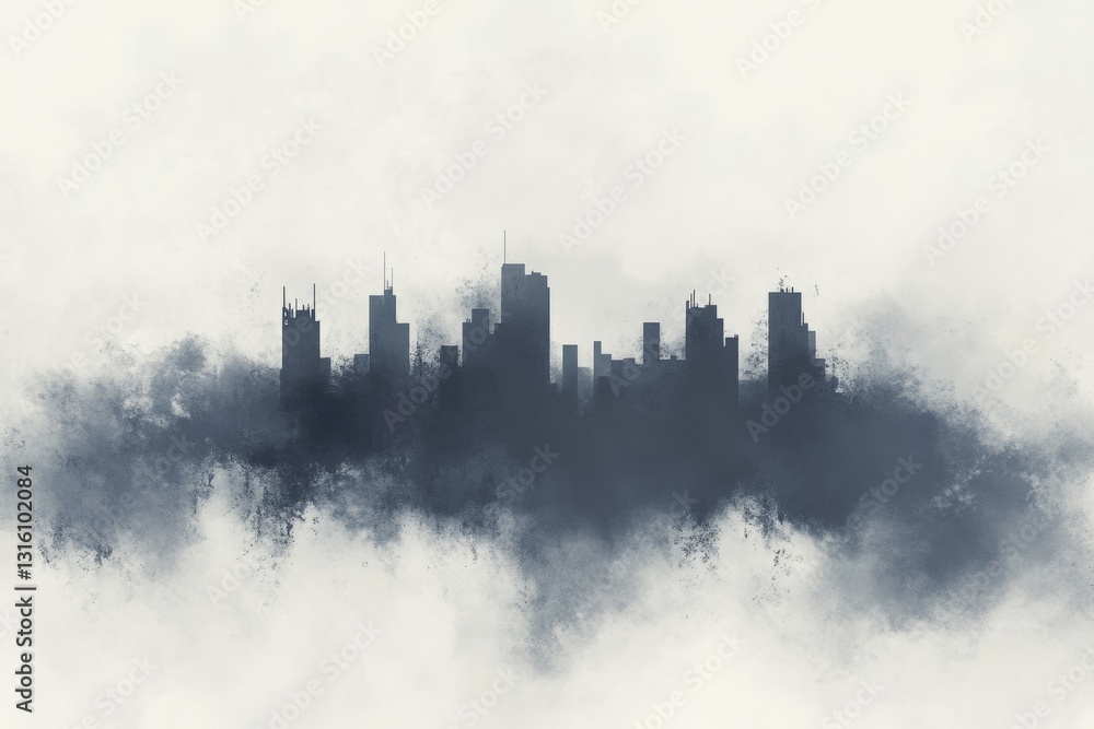 Obraz premium Intriguing artwork showcasing a dark city skyline emerging from fog, blending atmosphere and modern architecture. Ideal for themes of urban solitude and mystery.
