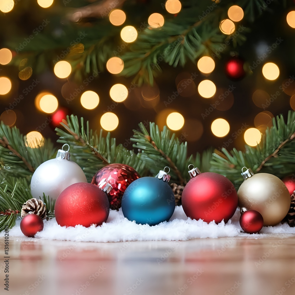 Christmas Ornaments on Snow with Bokeh Lights Christmas Ornaments on Snow with Bokeh Lights