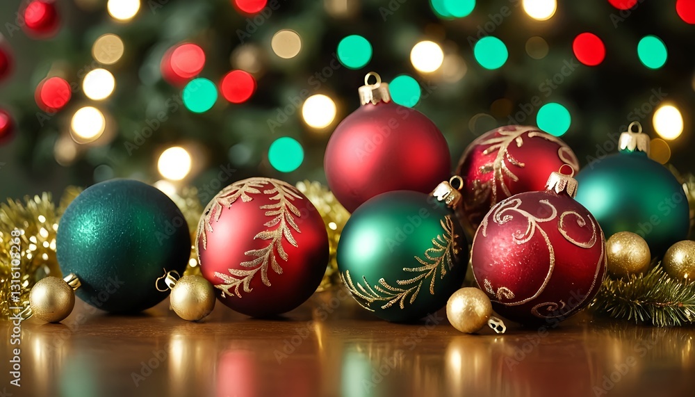 Christmas Ornaments on Wooden Table with Bokeh Lights Christmas Ornaments on Wooden Table with Bokeh Lights