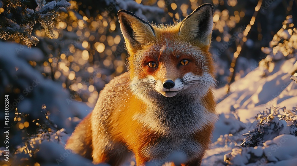 Obraz premium Red fox in snowy winter forest at sunset.