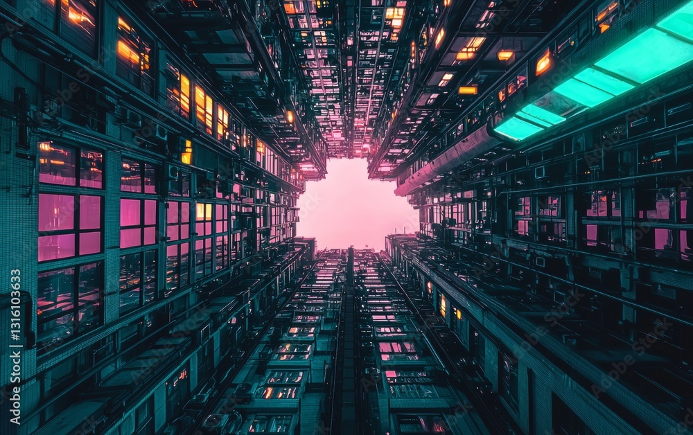 Obraz premium View of towering buildings creating a unique perspective with vibrant lights in an urban environment at dusk