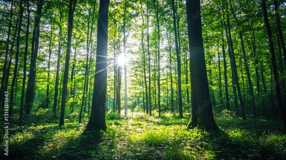 Obraz premium Sunlight Filtering Through Lush Green Trees in a Serene Forest Landscape Creating a Peaceful Natural Atmosphere