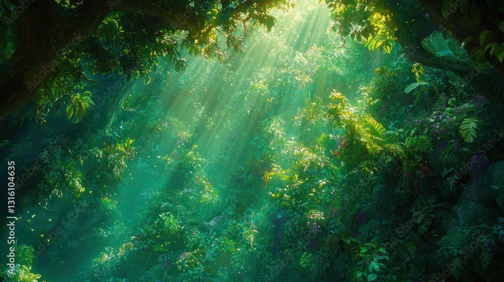 Obraz premium Sunbeams illuminate lush, vibrant rainforest foliage.