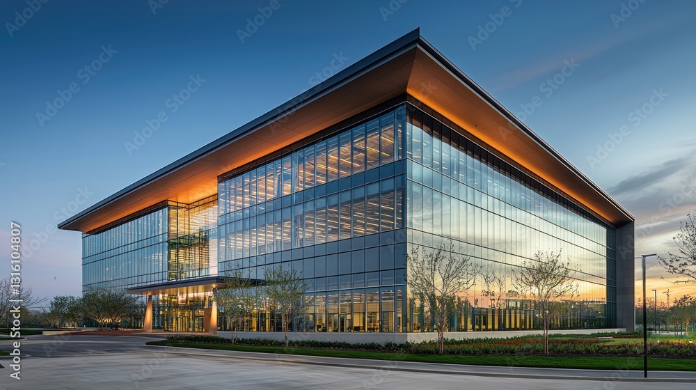 Obraz premium Modern glass office building at sunset. (1)