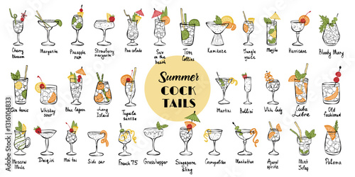 Classical cocktails crayon minimalist drawings. Modern simple drinks collection . Paloma, Long Island, Blue lagoon, Old fashioned, Aperol spritz.  Restaurant menu icons.