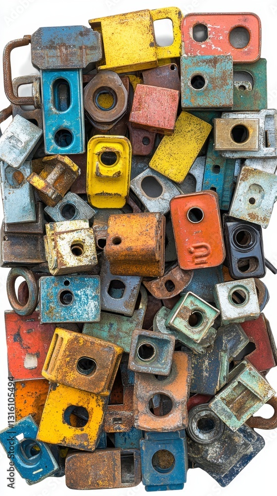 Fototapeta premium A vibrant pile of multicolored, rusty metal blocks with various shapes and holes. The blocks are layered and overlapping, creating a textured surface with a mix of colors and textures.