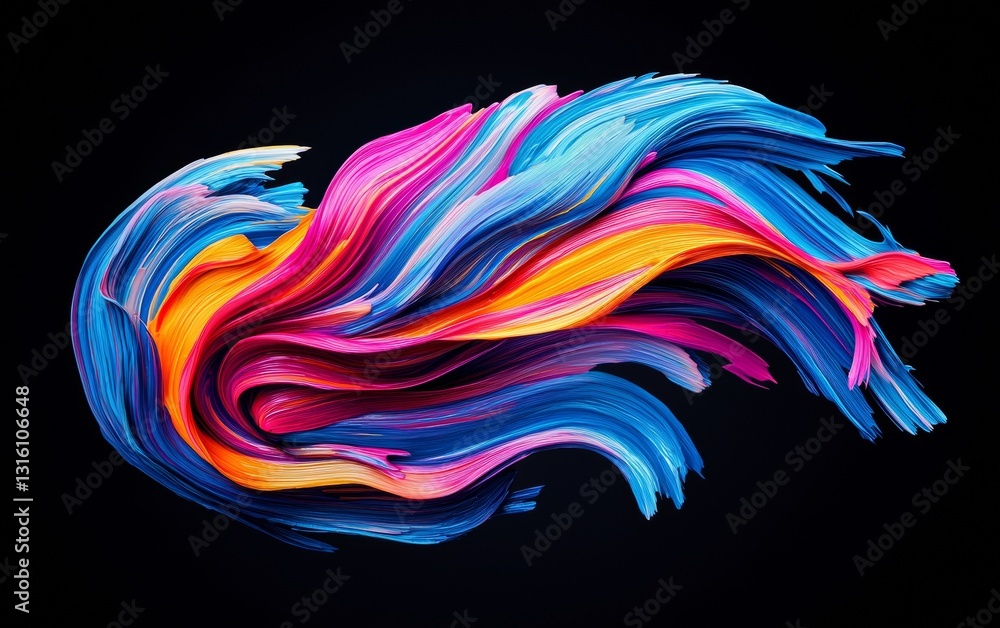 Fototapeta premium Vibrant flowing brush strokes create dynamic patterns on a dark background, showcasing a colorful abstract art piece