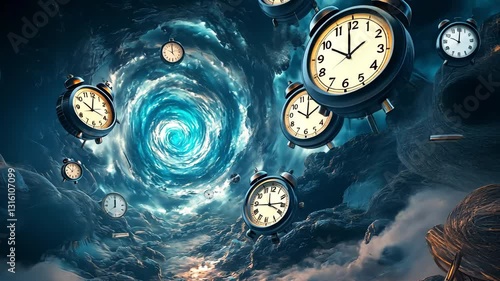 Ancient-style clocks hover in a stormy vortex tunnel, creating a dramatic and intense time-travel aesthetic.