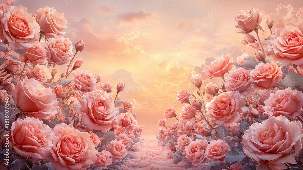 A serene landscape filled with blooming pink roses, illuminated by a soft sunset, creating a tranquil and enchanting atmosphere. A serene landscape filled with blooming pink roses, illuminated by a soft sunset, creating a tranquil and enchanting atmosphere.