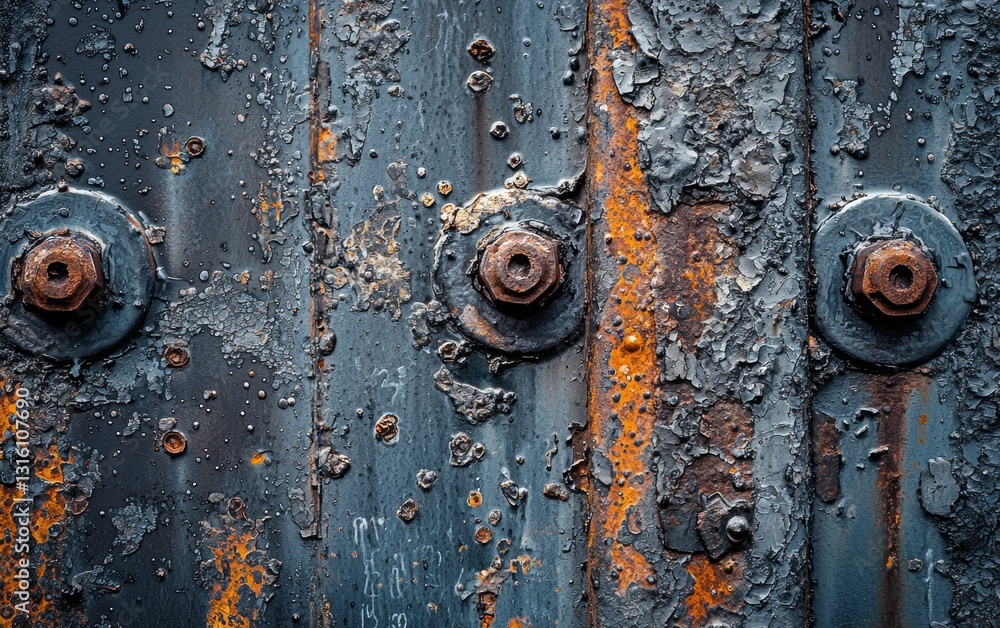 Rusty metal surface with weathered bolts showcasing textural variety and vibrant color contrast Rusty metal surface with weathered bolts showcasing textural variety and vibrant color contrast