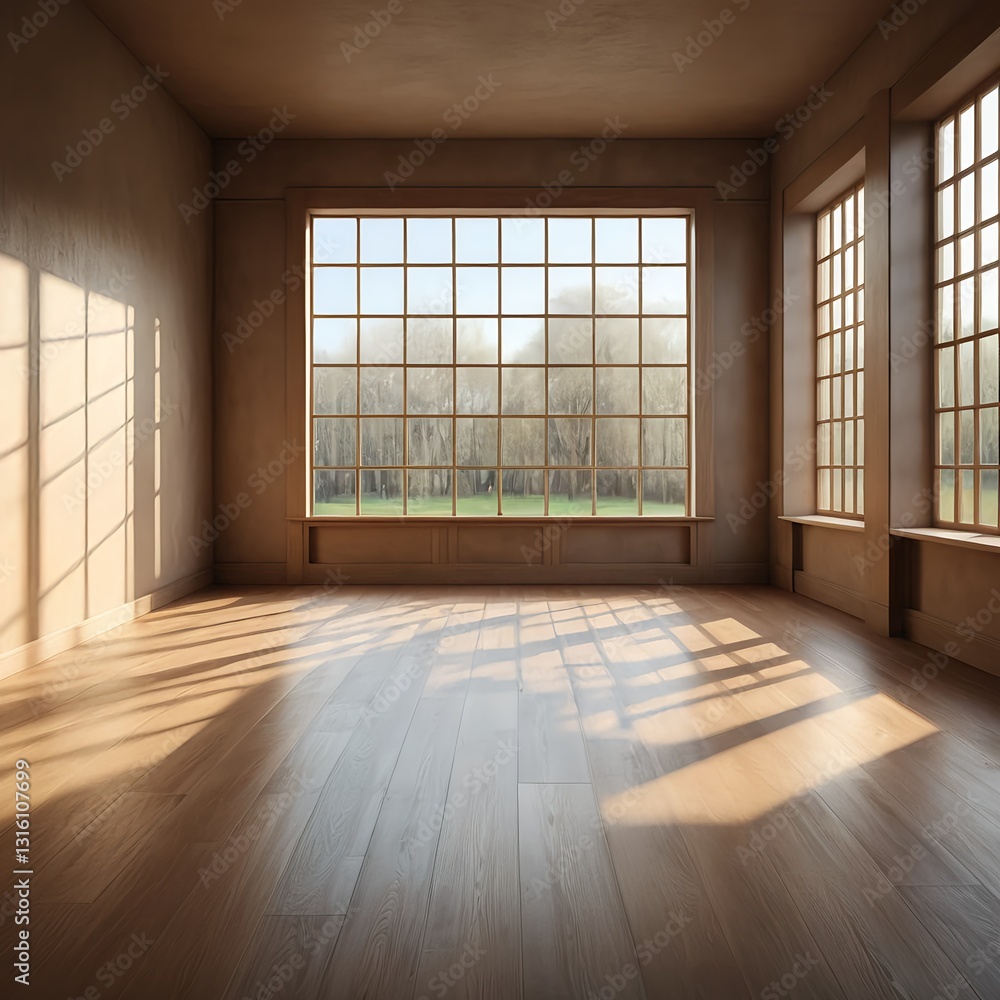 Sunlit Empty Room with Hardwood Floor and Large Windows Sunlit Empty Room with Hardwood Floor and Large Windows