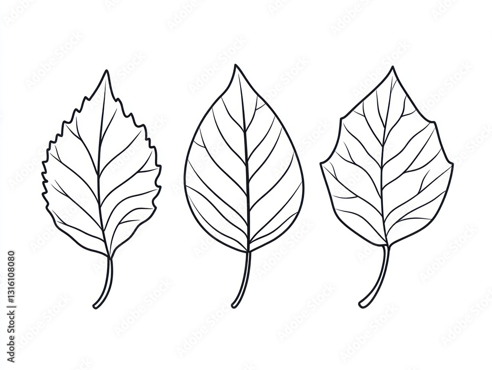 Obraz premium Three leaf illustrations, botanical, white background, educational use