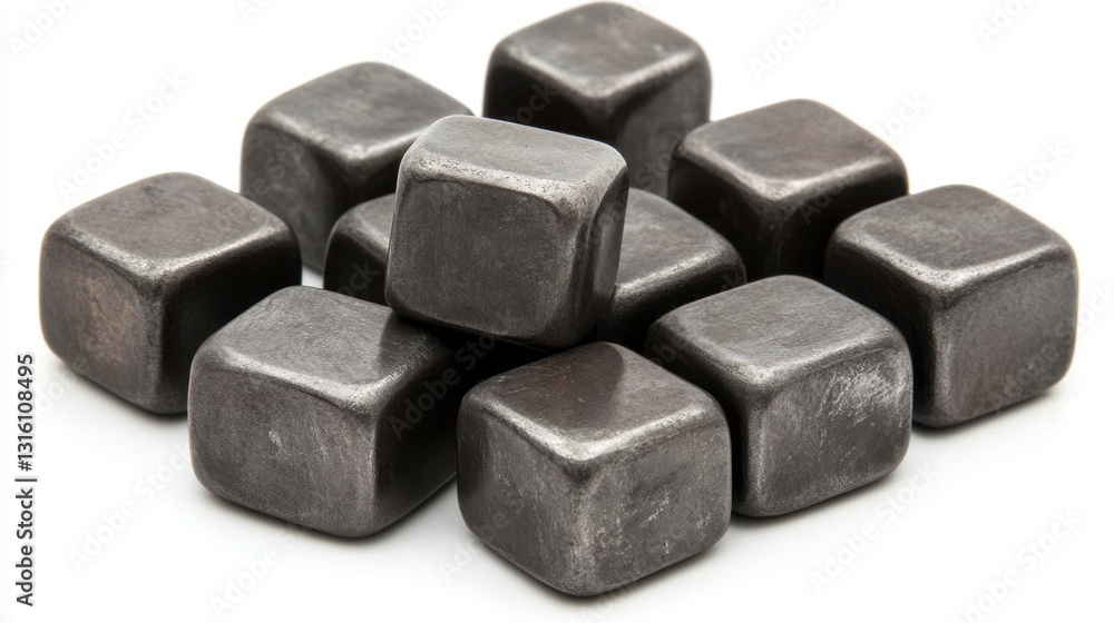 A pile of dark gray metal chilling stones on a white background. The cubes are slightly rough in texture and are clustered together in a casual arrangement. A pile of dark gray metal chilling stones on a white background. The cubes are slightly rough in texture and are clustered together in a casual arrangement.