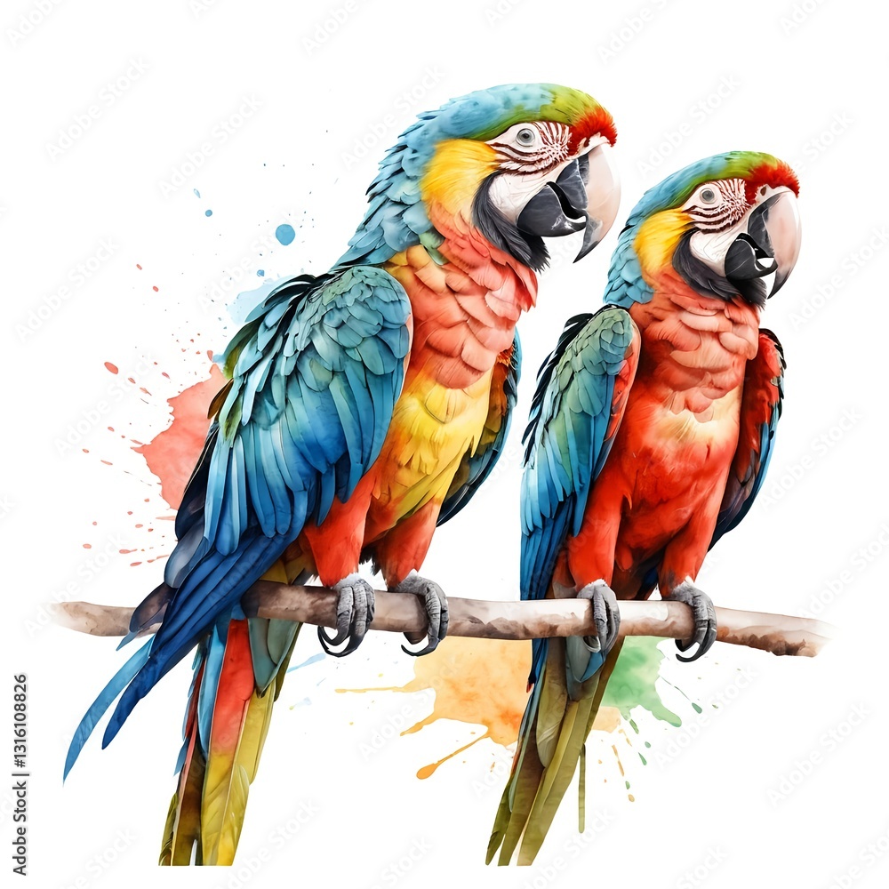 Fototapeta premium Watercolor Macaw Pair on Branch