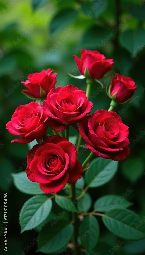 A colorful bouquet of red roses against a green leafy landscape, rose, color A colorful bouquet of red roses against a green leafy landscape, rose, color