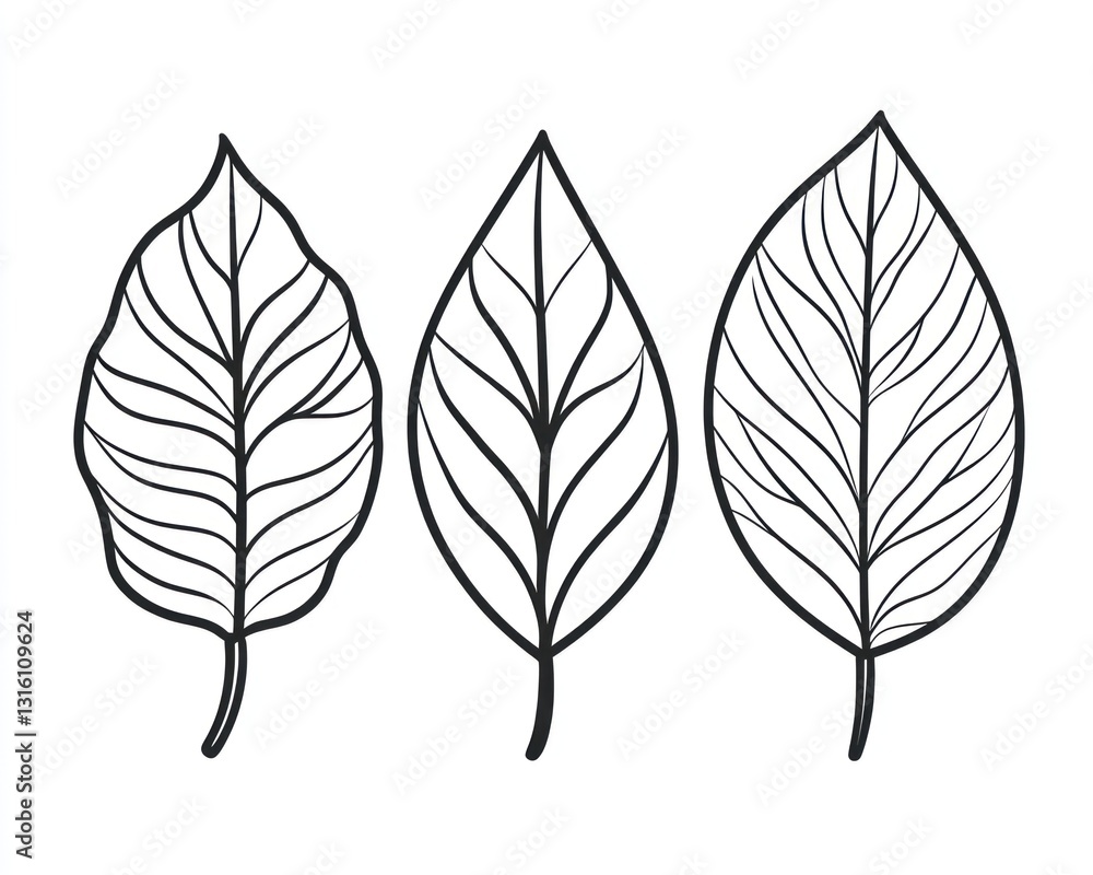 Obraz premium Three leaf line art illustrations, white background, nature design, website graphic
