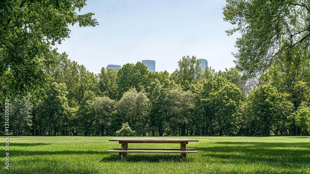 Wooden Picnic Bench on Green Lawn with Lush Trees and Buildings on a Sunny Day Wooden Picnic Bench on Green Lawn with Lush Trees and Buildings on a Sunny Day